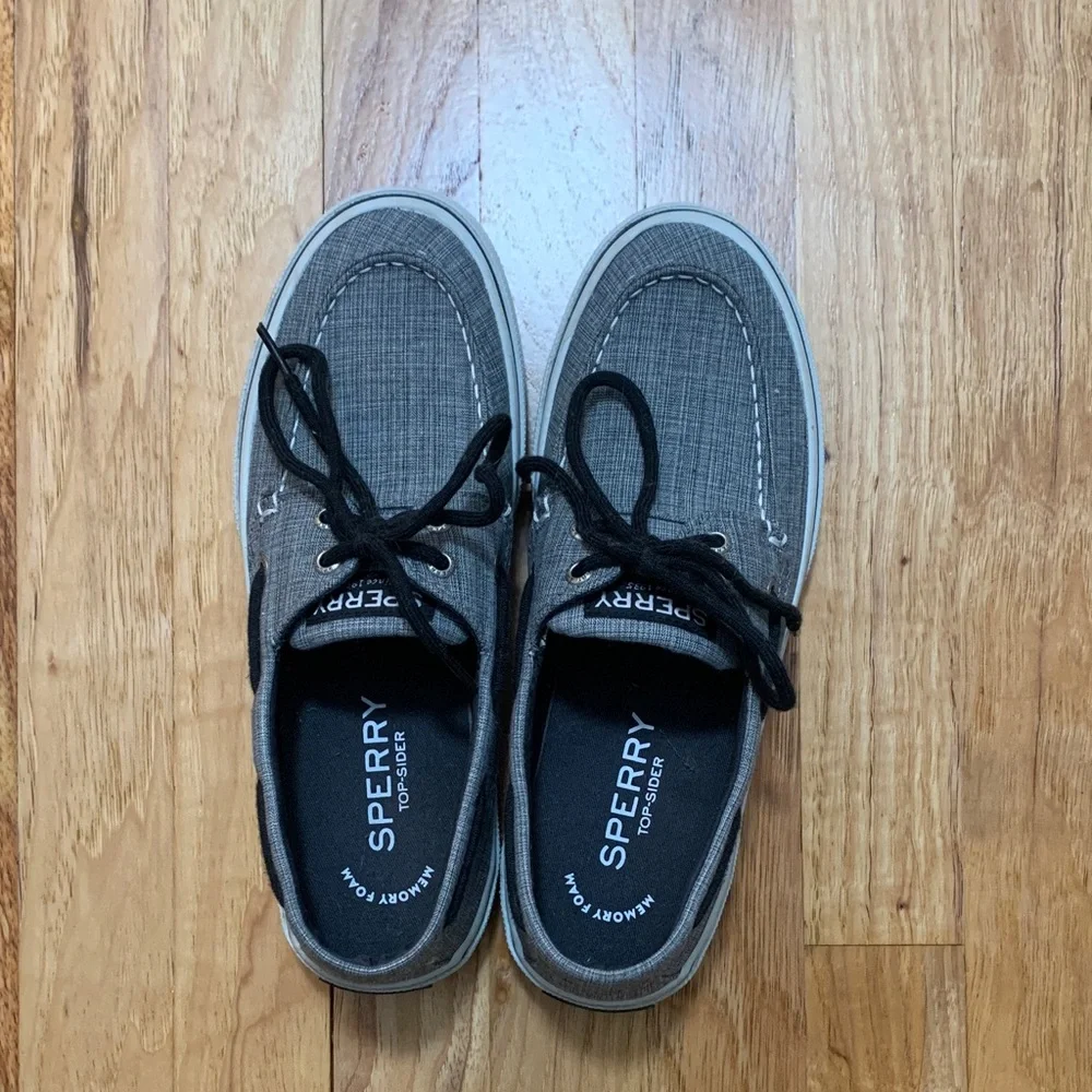 Sperry Gray Canvas Boat Shoes with Black Laces